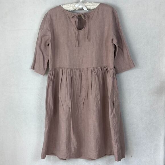 Magic Linen Shirt Dress Women's M 100% Linen Dusty Rose Keyhole Back 3/4 Sleeves - Picture 2 of 7